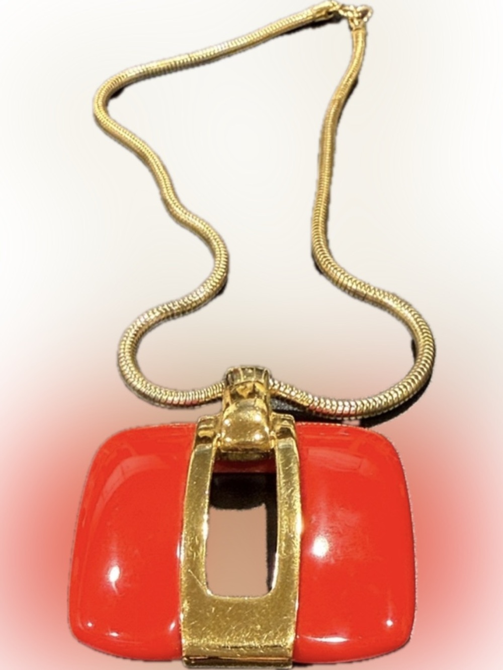 LANVIN Vintage 1970s Gold Plated and Red Pendant Keyhole Necklace w/ Snake Chain - Picture 4 of 10